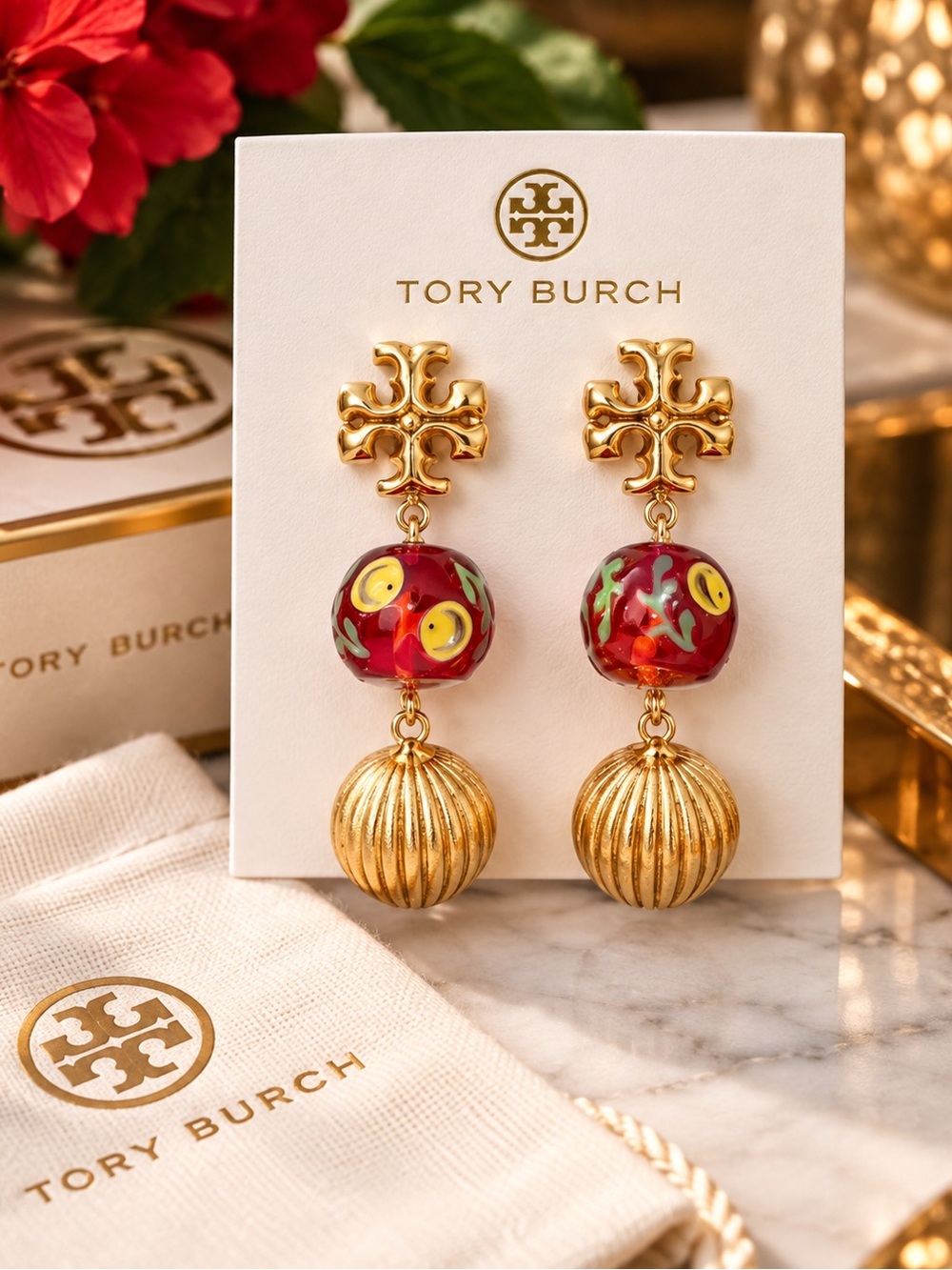 Tory Burch Red Art Glass Bead Gold Drop Earrings NWOT